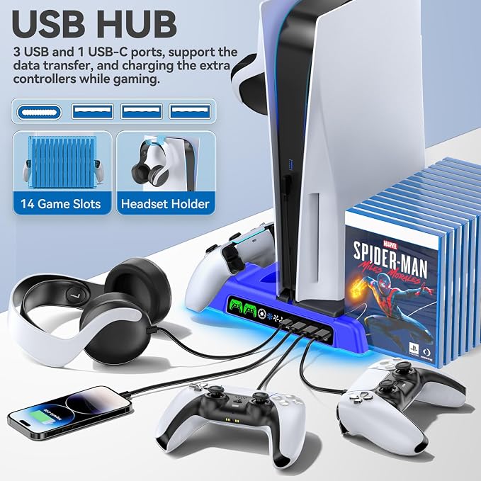 PS5/Slim/Pro Stand and Cooling Station with LED Controller Charging Station for PlayStation 5 Console, Controller Charger, Cooling Stand, PS5/Slim/Pro Skin Accessories Kit with 3 Level Cooler Fan - Image 5