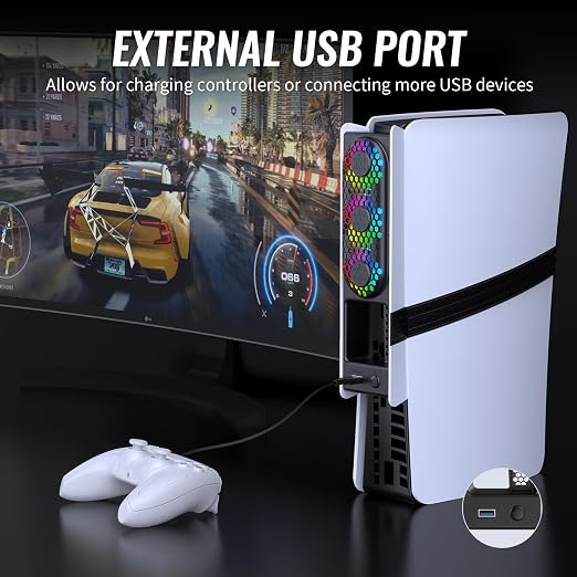 Cooling Fans for PS5 Pro/Slim, Adjustable 3 Speed Fans with LED Light, Quiet and Efficient Cooling System,USB 3.0 Port for PlayStation5 Pro/Slim Disc/Digital Edition Console-Black&White - Image 8
