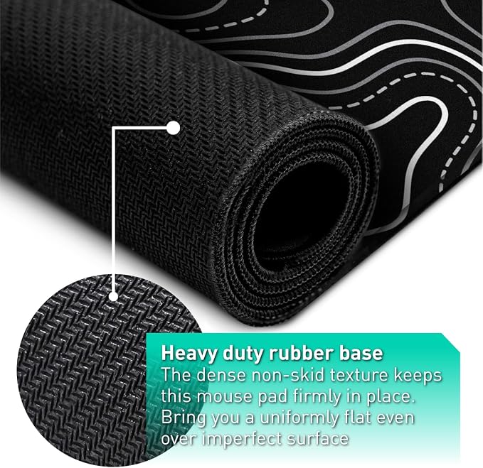 Pixiecube Minimalist Topographic Map Mouse Pad - Contour Extended Large Stitch Edge Mousepad. Black & White Non-Slip XXL Gaming Desk Mat - Image 7