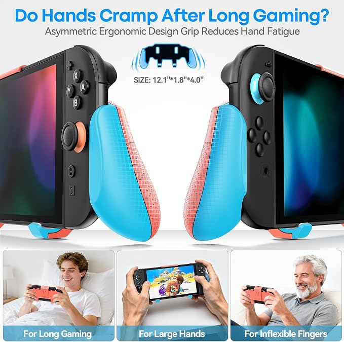 OIVO Grip Compatible with Nintendo Switch 2, Switch 2 Ergonomic Grip Case with Adjustable Stand, Comfort Game Accessories with 5 Game Card Slots and 4 Thumb Caps, Blue Orange - Image 3
