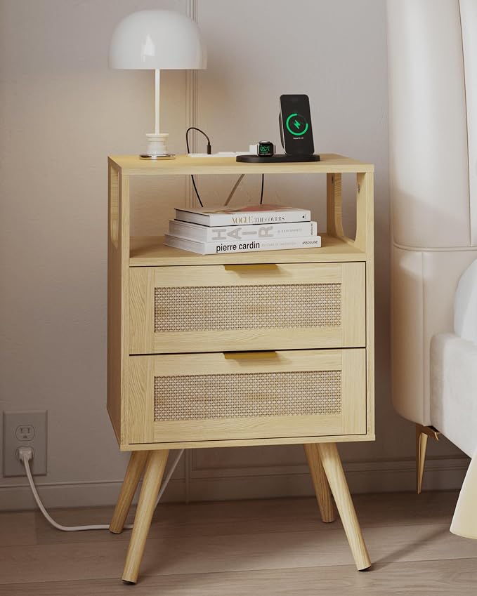 JOONEE Rattan Nightstand with Charging Station,Farmhouse Bedside Table with 2 Storage Drawer and Open Wood Shelf, for Bedroom and Small Spaces,Night Stand with Solid Wood Legs (Yellow Oak-Outlet) by JOONEE