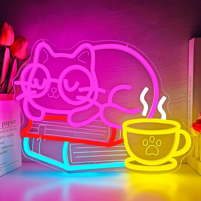 Cat Reading Neon Sign Kawaii Kitten with Glasses On Books with Coffee Neon Lights Dimmable Light Up Sign for Classroom Library Reading Corner Led Wall Art by hhuohuona
