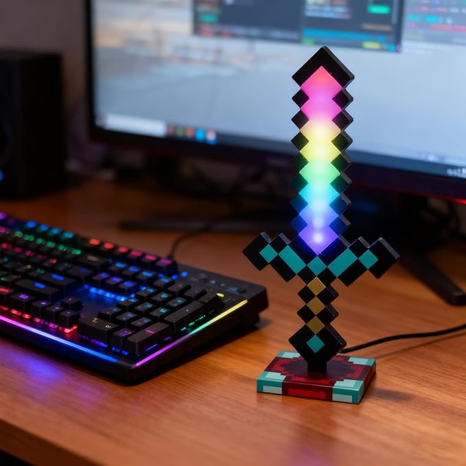 Pixel Sword Night Light, RGB Color-Changing Gaming Desk Lamp, 11-Color Retro 8-Bit Rechargeable Mood Light Ornament for Gamer Room Decor - Image 2