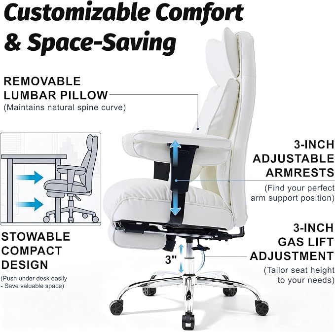 Efomao Executive Office Chair 400lbs,White Big and Tall Desk Chair | Mattress-grade pocket spring cushion, sleek leather, 135° recline & footrest for computer gaming setup. - Image 6
