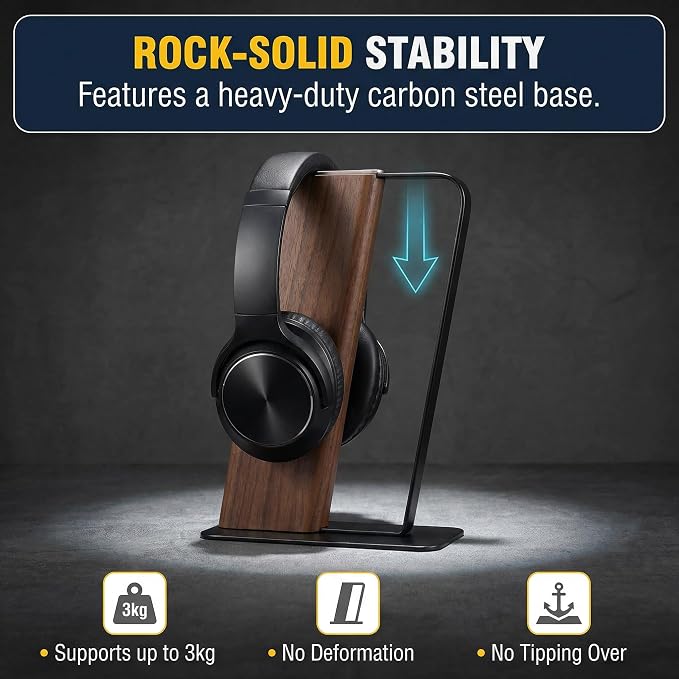 Headphone Stand Desk Cute, No Assembly, Dark Brown | Weighted Base Headset Holder for AirPods Max Sony Bose Beats Sennheiser, Stable Gaming & Studio Earphone Rack, - Image 5