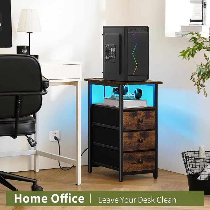 Yoobure End Table with Charging Station, LED Narrow Side Table Bedside Table, Small Night Stand End Tables Living Room, Skinny Nightstand with 3 Fabric Drawers, Side Tables Bedroom for Small Spaces - Image 7