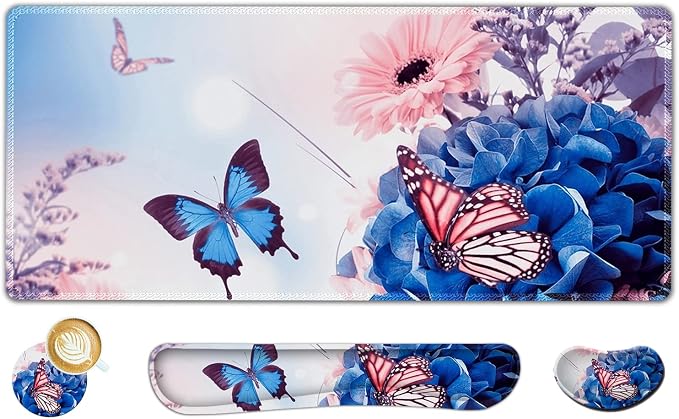 AIMSA Large Gaming Mouse Pad Set, Keyboard Wrist Rest Support Mouse Pad, Ergonomic Memory Foam Multifunctional Extended Desk Mat 35x15.7in Anti-Slip Rubber Base for Office Home, Butterfly Flower by AIMSA