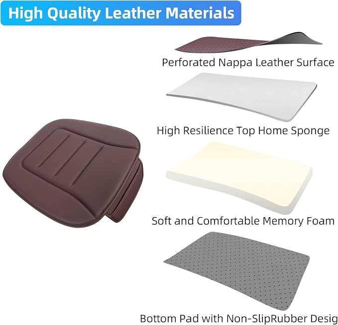 KAYI Car Seat Cushion, Comfort Memory Foam Car Cushions for Driving, Breathable Leather Surface with Anti Slip Rubber Bottom, Seat Cushion for Car and Office Chair (2 Pack, Brown) - Image 3