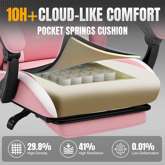 GTPLAYER Gaming Chair with Pocket Spring Cushion, Leather Office Chair with Ergonomic High Back & Lumbar Support for Back Pain Relief, Computer Game Chair for Adults, Pink - Image 4