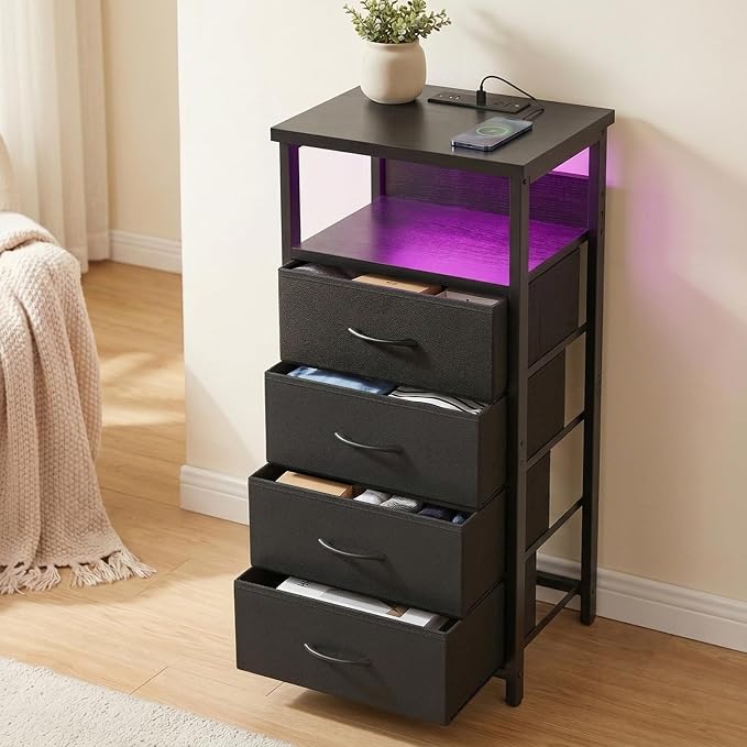 Fixwal Night Stand with Charging Station, Black Led Nightstand, 4 Drawers - Image 7