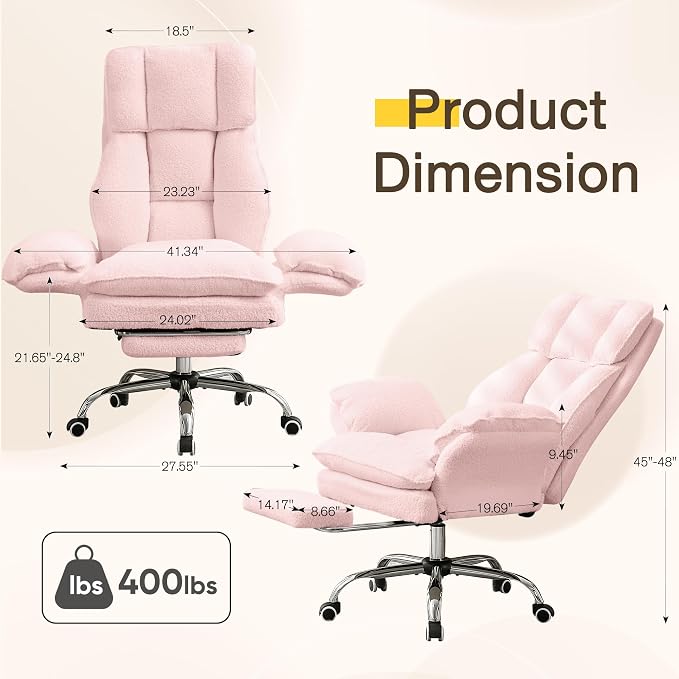 JOMEED Cloud Cross Legged Office Chair with Footrest,Flip Armrest,Pink | Ergonomic Teddy Big and Tall Executive Chair with Wheels,155° Reclining Computer Wide Desk Chair for Home,Office - Image 3