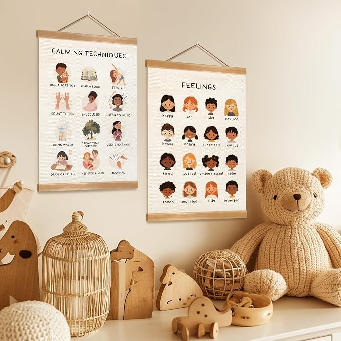 Feelings Chart & Emotional Learning Poster, Hanging Linen Canvas Wall Art with Solid Wood Frame, Montessori Social Skills Poster for Kids, Home & Classroom Decor – 2Piece Set 12x16 Inches (Feelings) - Image 6