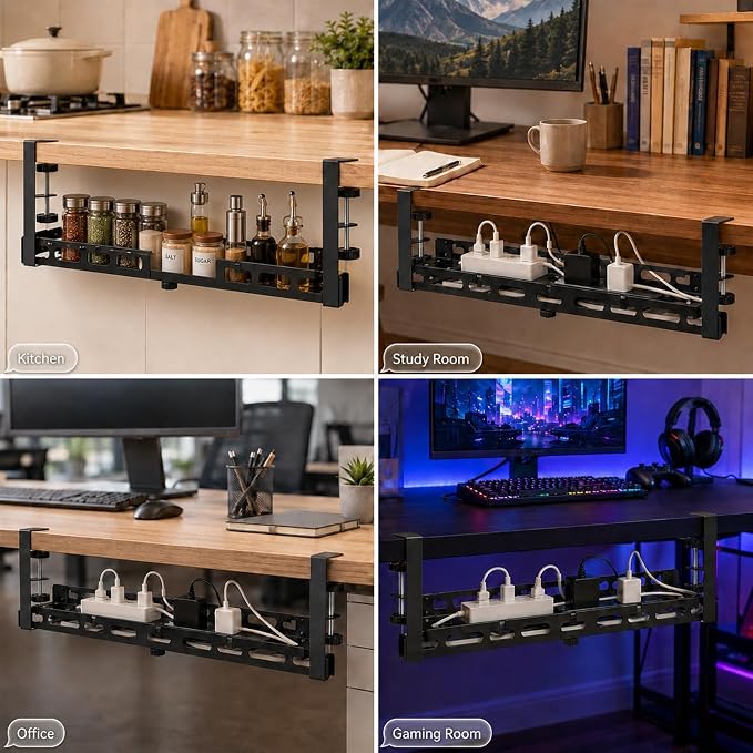 No Drill Under Desk Cable Management Tray, Adjustable 17.6"-27.4" Clamp-On Metal Cable Tray for Power Strip, Under Desk Cord Organizer and Wire Management Holder for Standing Desk, Gaming Desk, Office - Image 6