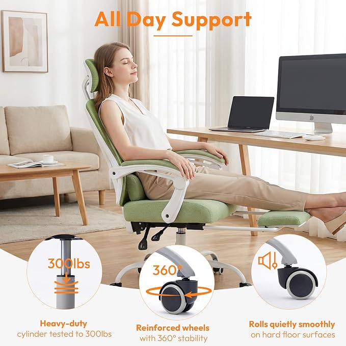 Home Office Desk Chair, Comfortable Mesh Chair with Foot Rest, Light Green | Reclining Gaming Chair with Headrest and Lumbar Support, 90°-130° Reclining, Silent Swivel - Image 6