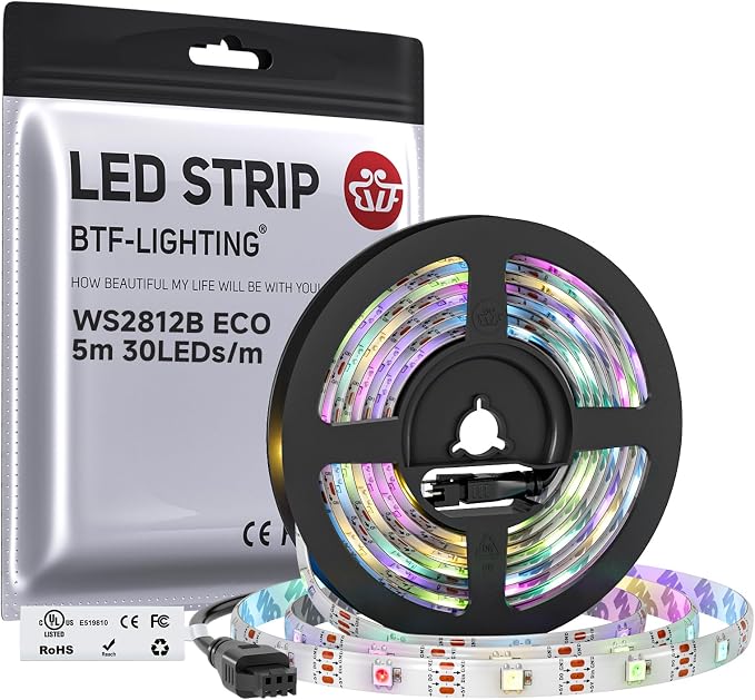 BTF-LIGHTING WS2812B ECO RGB LED Strip,UL Listed,Individually Addressable,16.4FT 30LED/m 150Pixel DC5V 5050SMD,Alloy Wire Flexible 3M Tape for DIY Chasing Color Project IP65(No Adapter or Controller) by BTF-LIGHTING
