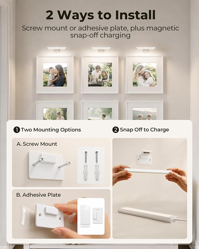 EZVALO Picture Light for Wall, Rechargeable 2400mAh Lights Wireless with IR Remote, 3 Color & Dimmable Magnetic 7.87'' LED Lights Display for Painting, Living Room, Gallery, Bedroom Art(White-2P) - Image 7