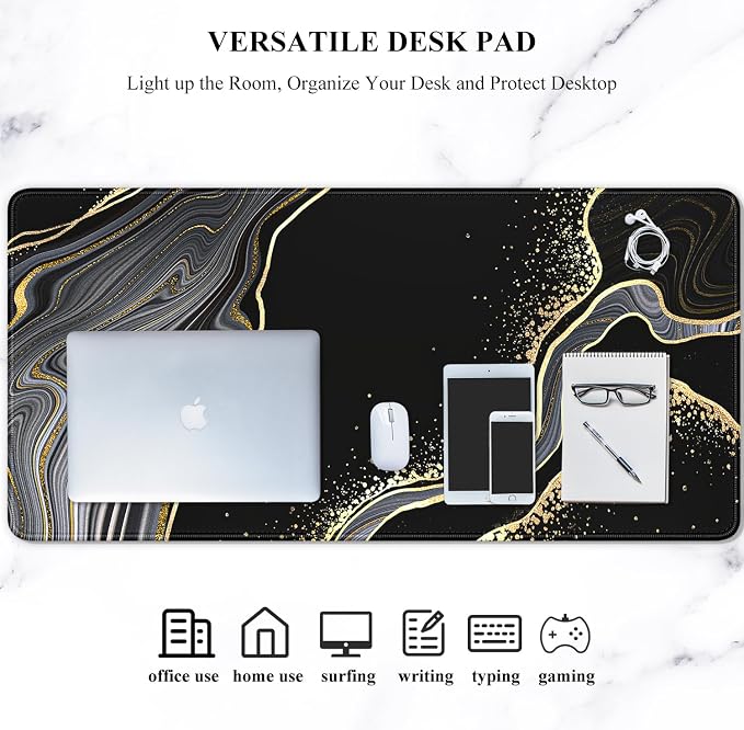 Auhoahsil Extended Mouse Pad, XXL Desk Pad Gaming Mousepad, Large Big Laptop Computer Keyboard Desk Mat with Non-Slip Base Stitched Edge for Gaming Office Men Women, 35.5 x 15.7 in, Black Marble - Image 7
