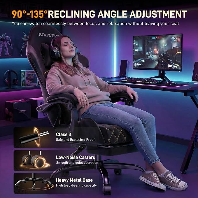 HLDIRECT Massage Recliner Gaming Chair with Footrest for Adults, Black | 300lbs Capacity, Ergonomic Office Computer Chair, Lumbar Support, Breathable Fabric, Headrest, 360° Swivel, Metal Frame - Image 4