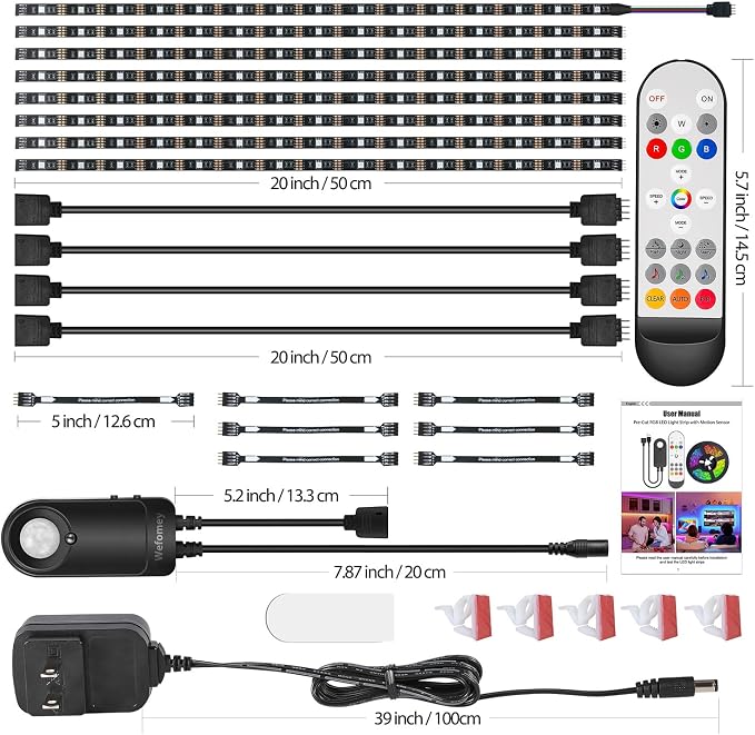8 PCS RGB Under Cabinet Lighting Kit, 12v Motion Sensor LED Light Strip with Remote, ETL Listed Power Adapter, Music Sync Color Changing Led Lights for Shelves, Cabinet, Counter, Bookcase, 13ft - Image 7