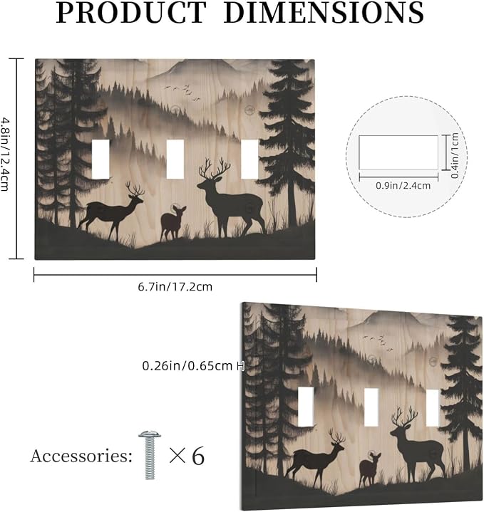 Decorative Light Switch Cover Plate Rustic Black Deer Elk Brown Wood Board Pine Tree 3 Gang Wall Plate Triple Toggle Switch Plate Covers 3 Hole Electrical Switchplate Dimmer Faceplate Decor - Image 5