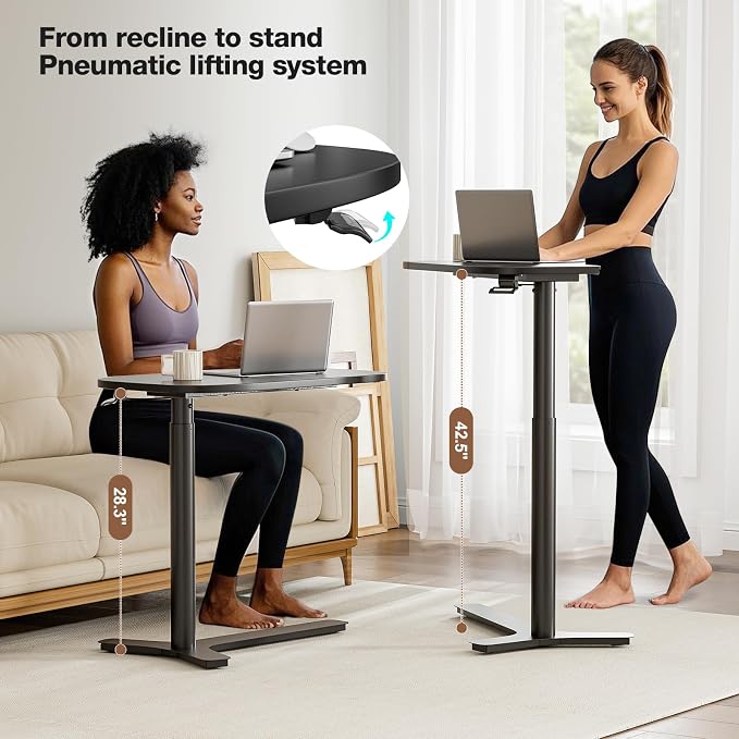 Muvai Overbed Bedside Table with Hidden Casters,30 Inches Adjustable Height Pneumatic Mobile Laptop Standing Desk, Rolling Computer Table for Home & Hospital Use ，Black 30" W x 17.7" D - Image 6
