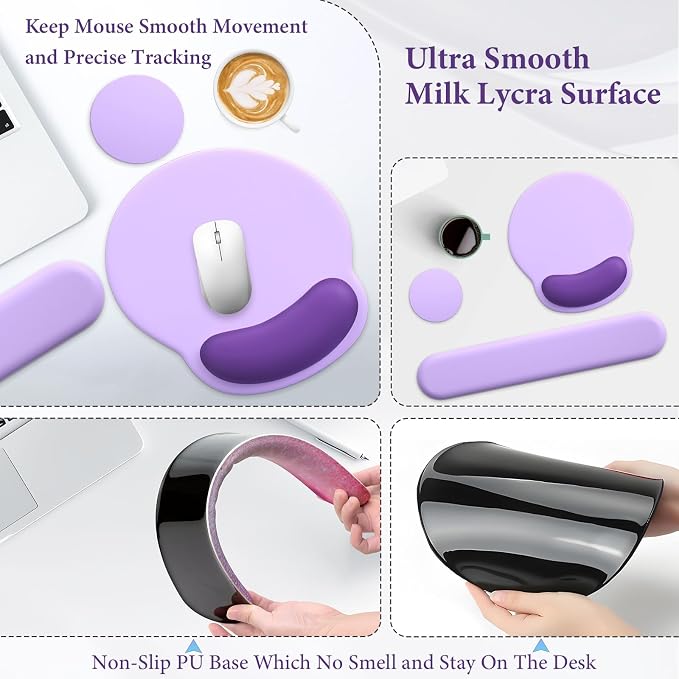 3 in 1 Ergonomic Mouse Pad and Keyboard Wrist Rest with Coaster Set-Purple - Image 3