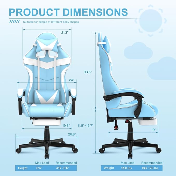 Soontrans Light Blue Gaming Chair with Footrest,Lovely Cute Bunny Computer Gamer Chair,Kawaii Desk Chair for Granddaughter,Sister,Girlfriend,Wife and Love - Image 3