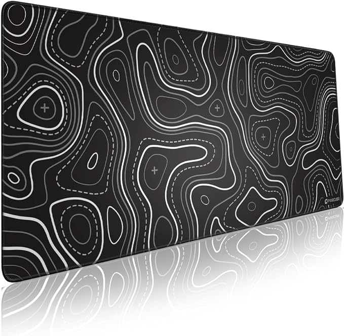 Pixiecube Minimalist Topographic Map Mouse Pad - Contour Extended Large Stitch Edge Mousepad. Black & White Non-Slip XXL Gaming Desk Mat by PIXIECUBE