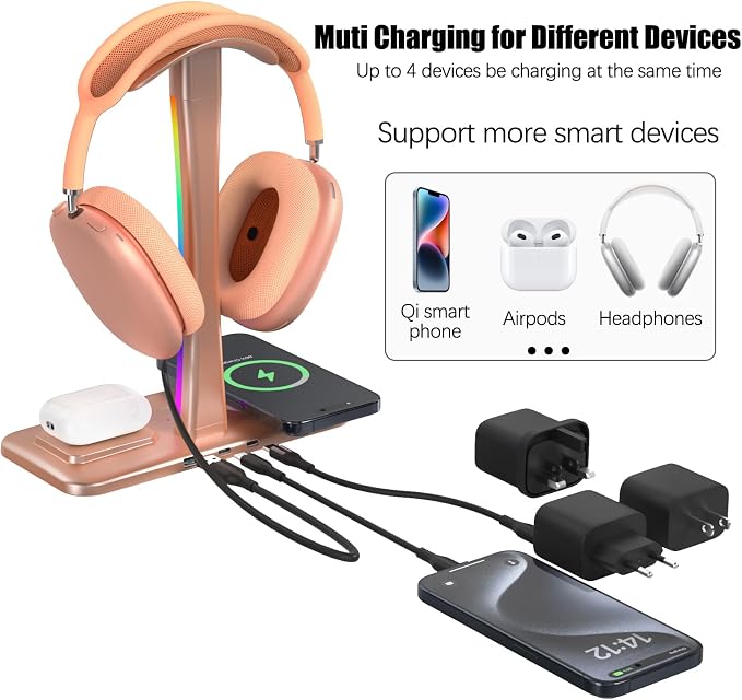Headphone Stand with Wireless Charger,Gaming Headset stand with RGB Light Mode,For Airpod Max Stand Compatible with Airpod Pro/3/2,For iPhone 17/16/15/14/13/12/11,Gifts for Gamers & Music Lover (Gold) - Image 4