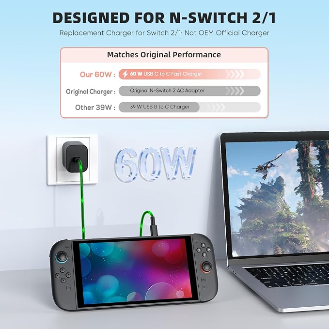 Switch 2 Charger - 60W AC Adapter for Nintendo Switch/OLED/Lite & Steam Deck/OLED, 5FT Charging Cable, Support 4K TV Dock Mode, Power Supply 20V/3A Fast Cord - Original Quality, Xbox 360 Console - Image 3