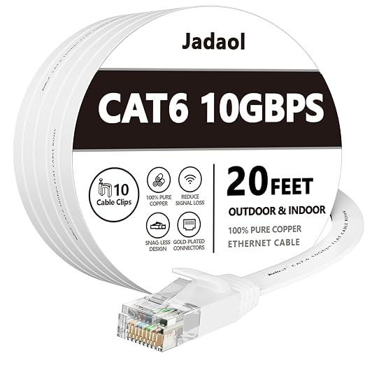 Jadaol Cat6 Ethernet Cable 20FT with Clips 10Gbps Flat Network Cable, White by Jadaol