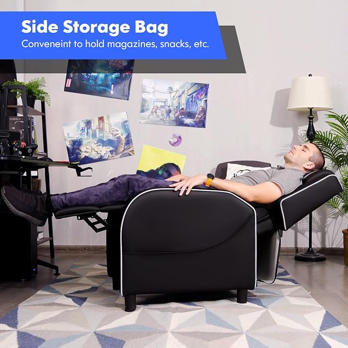 GYMAX Gaming Recliner, Massage Gaming Chair with Adjustable Backrest Footrest, Remote Control & Side Pocket, Ergonomic Game Lounge Chair, Racing Style Single Theater Seat Game Sofa for Adults (White) - Image 7