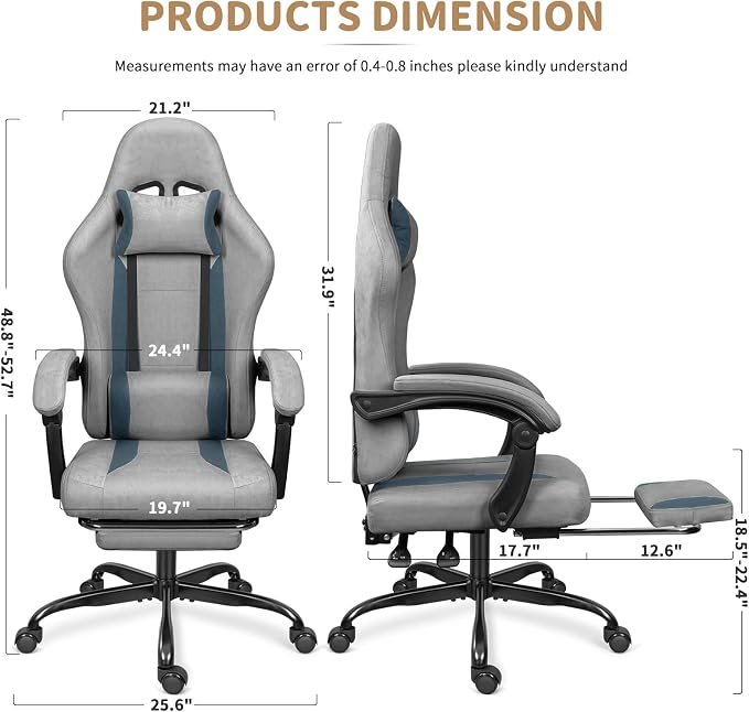 Breathable Fabric Gaming Chair with Footrest - Light Grey/Blue | 90°-135° Recline, 18.5”-22.4” Height Adjust, Breathable Fabric, Footrest for Rest, for Gaming/Office, 15 Min Assembly - Image 3