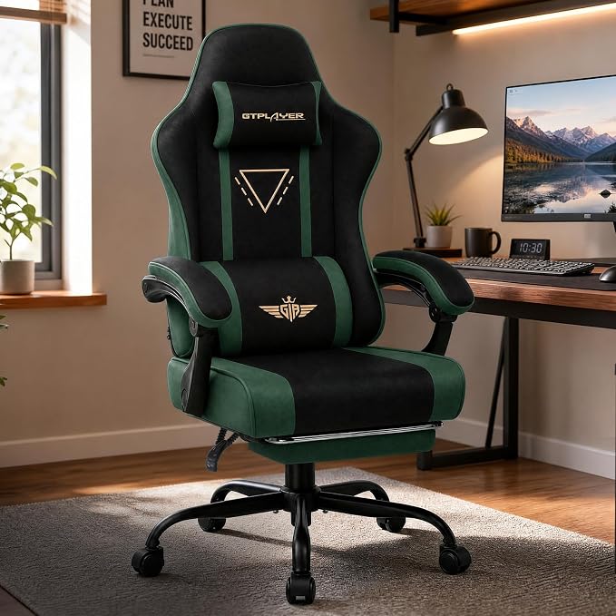 GTPLAYER Video Gaming Chair Fabric, Ergonomic Computer Chair with Footrest and Pocket Spring Cushion, Height Adjustable Video Gamer Chair with Lumbar Support for Adults, Green - Image 2