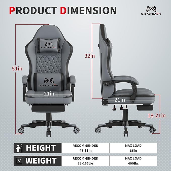 Gamtimer Gaming Chair with Footrest, Ergonomic Computer Chair, PU Breathable Material with Headrest and Lumbar Support, Suitable for Silla Gamer and Adults（Grey） - Image 3