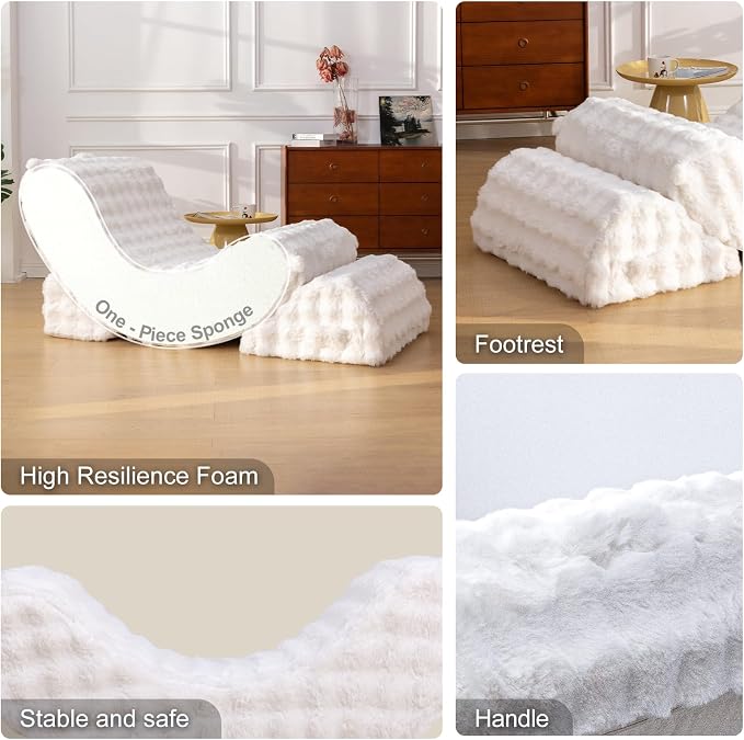 3-in-1 Adjustable Zero Gravity Floor Chair, Oversized Faux Fur Boneless Chair for Adults with Memory Foam & Washable Cover, Silent Rocker Recliner Lounge Chair for Reading, Nursing, Gaming, WhiteGrid | Zero Gravity Comfort as a Rocker, Chaise Lounger o... - Image 6