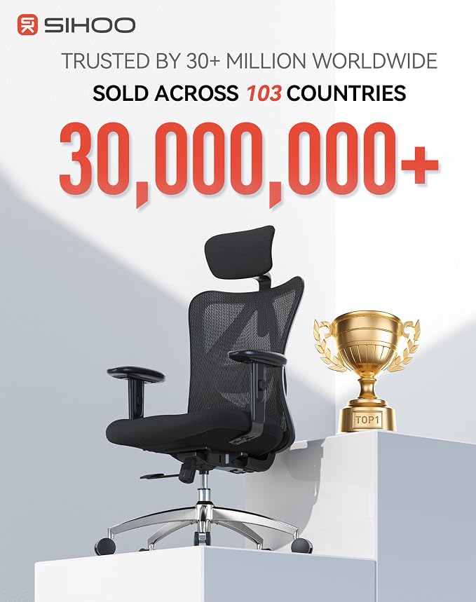 SIHOO M18 Ergonomic Office Chair, Mesh Back Desk Chair with Headrest | Adjustable Lumbar Support, Hold 330lbs Computer Chair with 2D Armrests & Wide Cushion, Tilt Lock, for Home Office - Black - Image 5