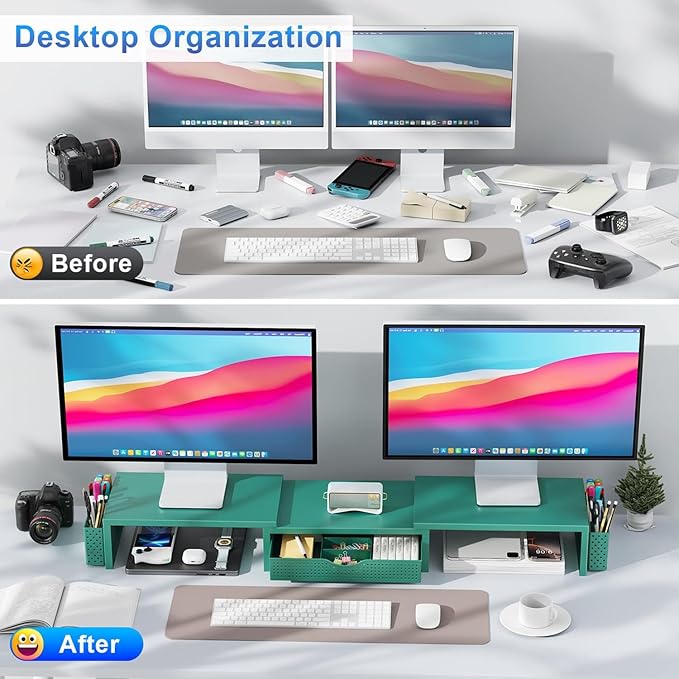 gianotter Dual Monitor Stand Riser With Drawer and 2 Pen Holders | Computer Monitor Stand Desk Organizer and Accessories Desk Shelf for Top of Desk (Green) - Image 2