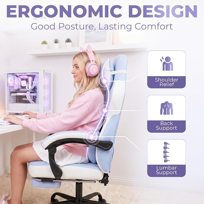 N-GEN GAMING Big & Tall Gaming Chair with Footrest, Lumbar Support, Purple | Ergonomic High-Back Chair for Adults, Padded Wide Seat with Heavy-Duty Base, Reclining Comfort for Computer, Office/Home Use - Image 7