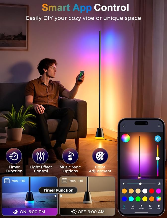 RGB Corner Floor Lamp, Smart Modern LED Mood Light, Glossy Black - Image 5
