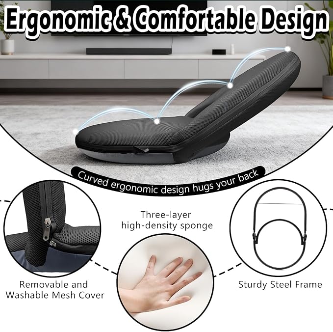 Floor Chair Floor Cushion Folding Padded Gaming Chair Adjustable 5-Position Floor Seat with Back Support for Kids Adult Great for Gaming Reading Meditating (Black) - Image 4
