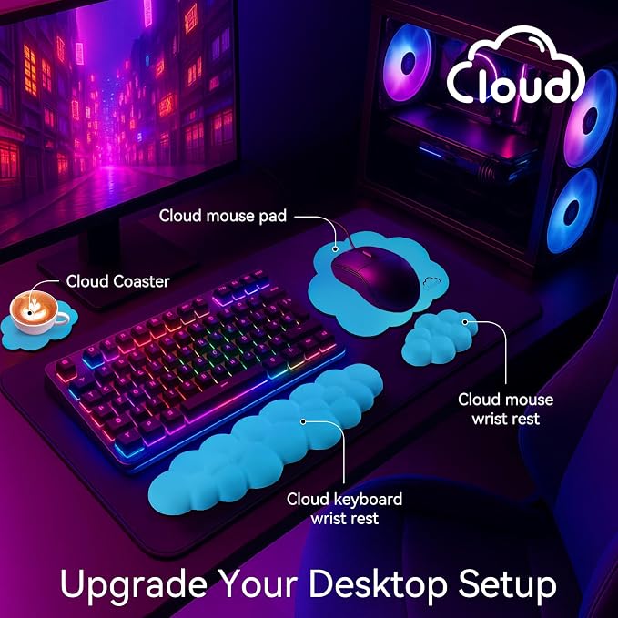 Sushret Cloud Wrist Rest for Computer Keyboard and Mouse Pad Set,Scuba Blue | Memory Foam, Leather, 4-in-1 Cloud Keyboard Wrist Rest Set with Ergonomic Support for Arm and Palm Cushion, Gaming/Work Setup - Image 2