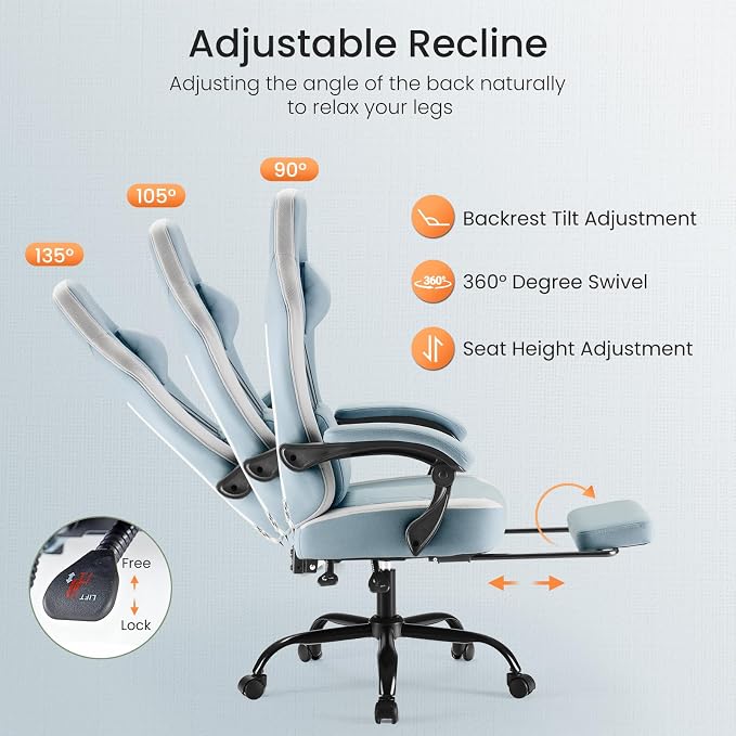 DUMOS Ergonomic Gaming Chair with Footrest, Video Game Chairs | Comfy Lumbar Support, Linkage Armrests, Tech Fabric, Pocket Spring Cushion, Office, Adults Students, Blue - Image 6