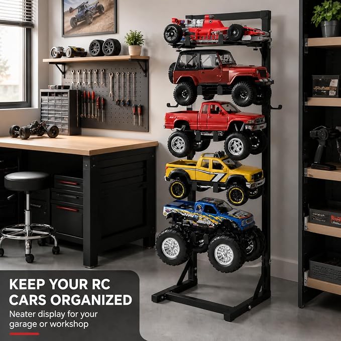 Rc Car Stand Display 5 Tier Metal Storage Rack Shelf Compatible With 1/6 1/10 1/12 1/18 1/24 Scale Crawler Trucks Accessories Multi Layer Model Workstation Organizer Includes 2 Remote Controller Hooks - Image 7