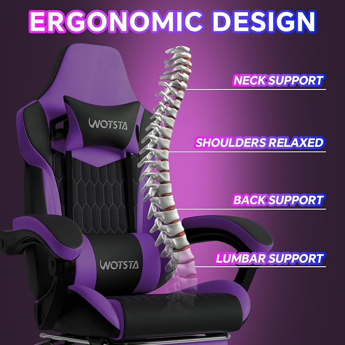 Gaming Chair with Footrest, High Back Gaming Chairs PVC Leather Ergonomic Gamer Chair with Adjustable Headrest Lumbar Support Racing Style Video Gaming Chair for Office/Home (Purple) - Image 5