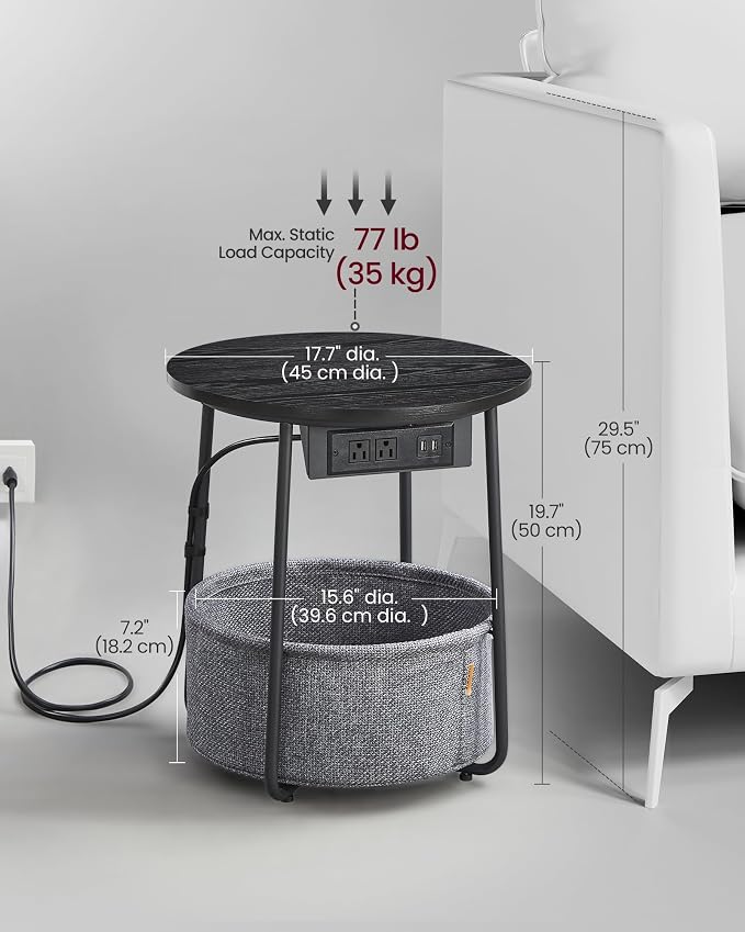 VASAGLE Side Table with Charging Station,Fabric Basket, Round End Table - Image 5
