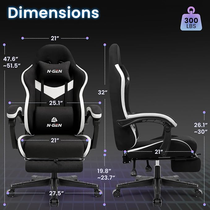 N-GEN GAMING Gaming Chair, Reclining Backrest, Footrest, Fabric, Black | Ergonomic Design with Reclining Backrest, Linkage Armrests and High-Density Foam, Comfy Seating for Computer or Home Office - Image 3