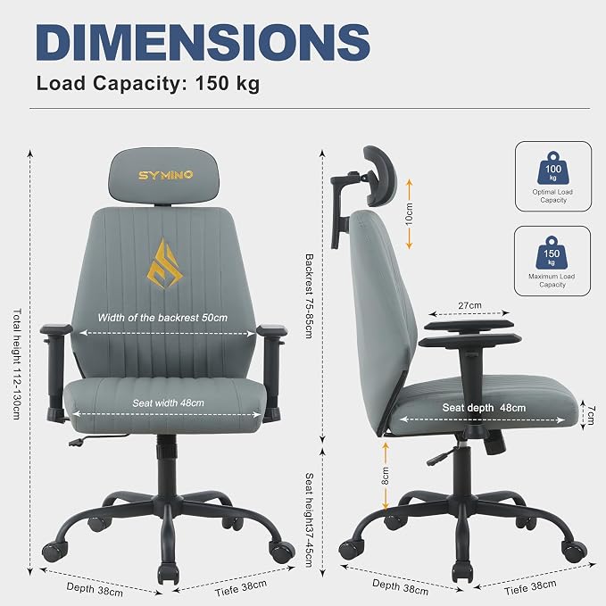 Symino Office Chair Ergonomic with 109° Rocking Function, Premium PU Leather, Integrated Lumbar Support, Adjustable Headrest & Armrests, Swivel Desk Chair - Image 3