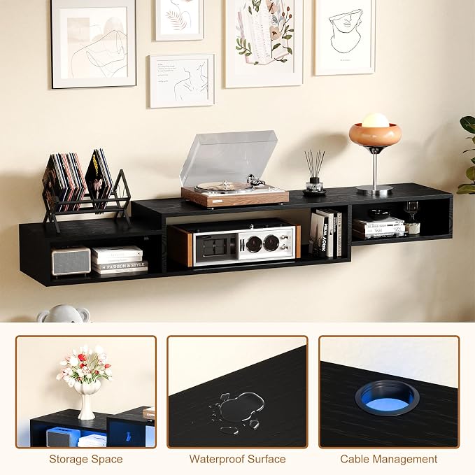 59 Inch Floating TV Stand with LED Light & Power Outlet, Black - Image 3