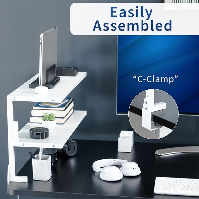 VIVO White Clamp-on 24 inch 2-Tier Desk Shelf, STAND-SHELF24C-W - Image 5